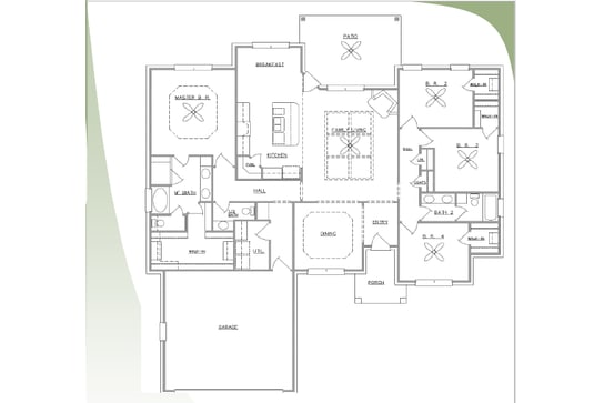 A residential floor plan drawing showing bedrooms, kitchen, and living areas